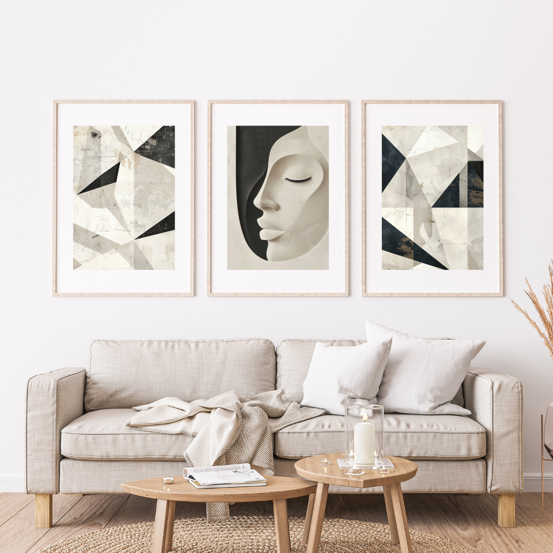 Black, White & Cream Gallery Wall Set – Half-Face & Geometric Prints