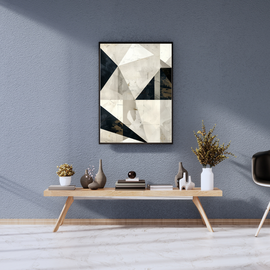 Geometric Triangle Print II – Black, White & Beige Abstract Wall Art