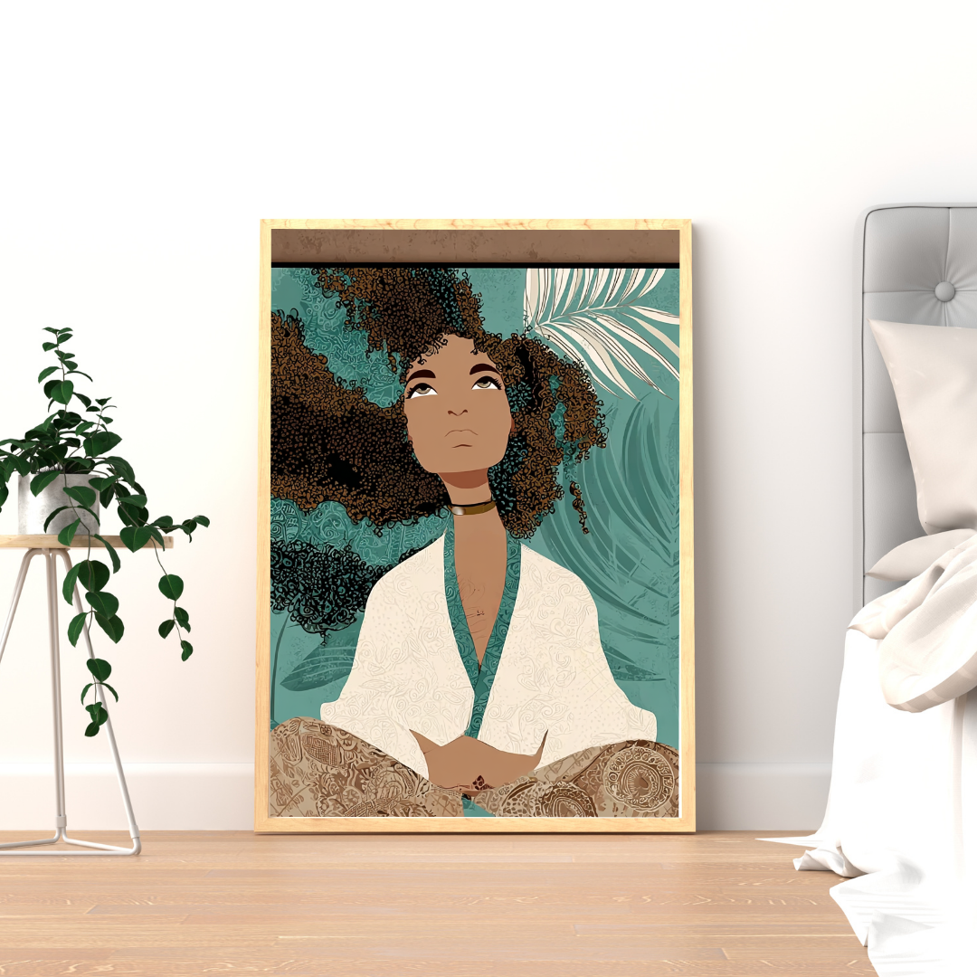 Bohemian Essence – Meditating Woman with Curly Hair Wall Art Print