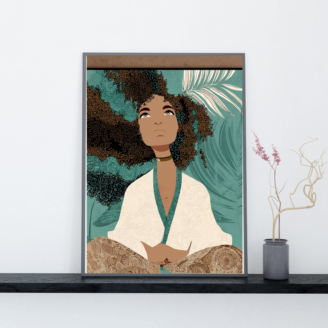 Bohemian Essence – Meditating Woman with Curly Hair Wall Art Print