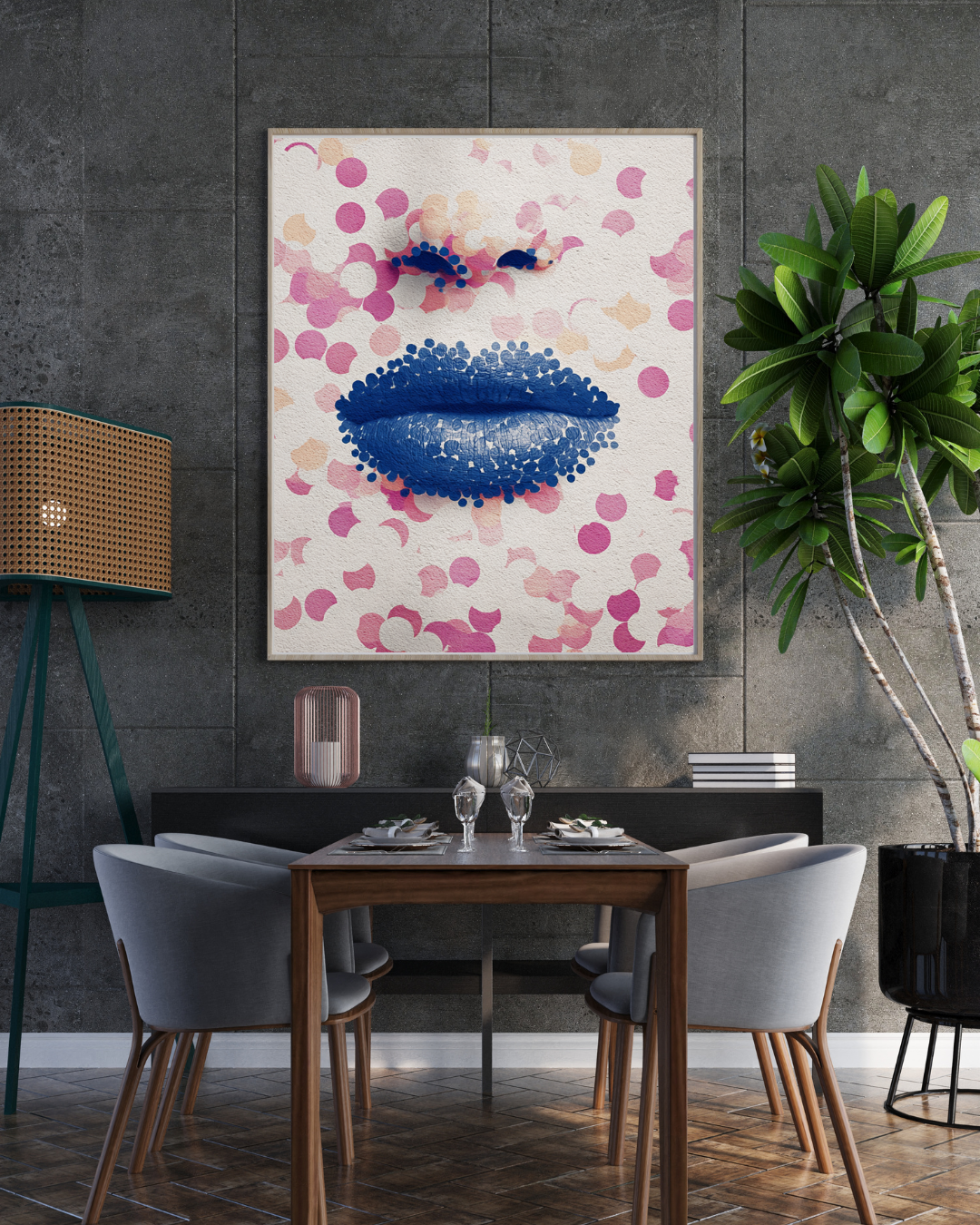 Pink & Royal Blue Gallery Wall Set – Lips and Abstract Side Profile